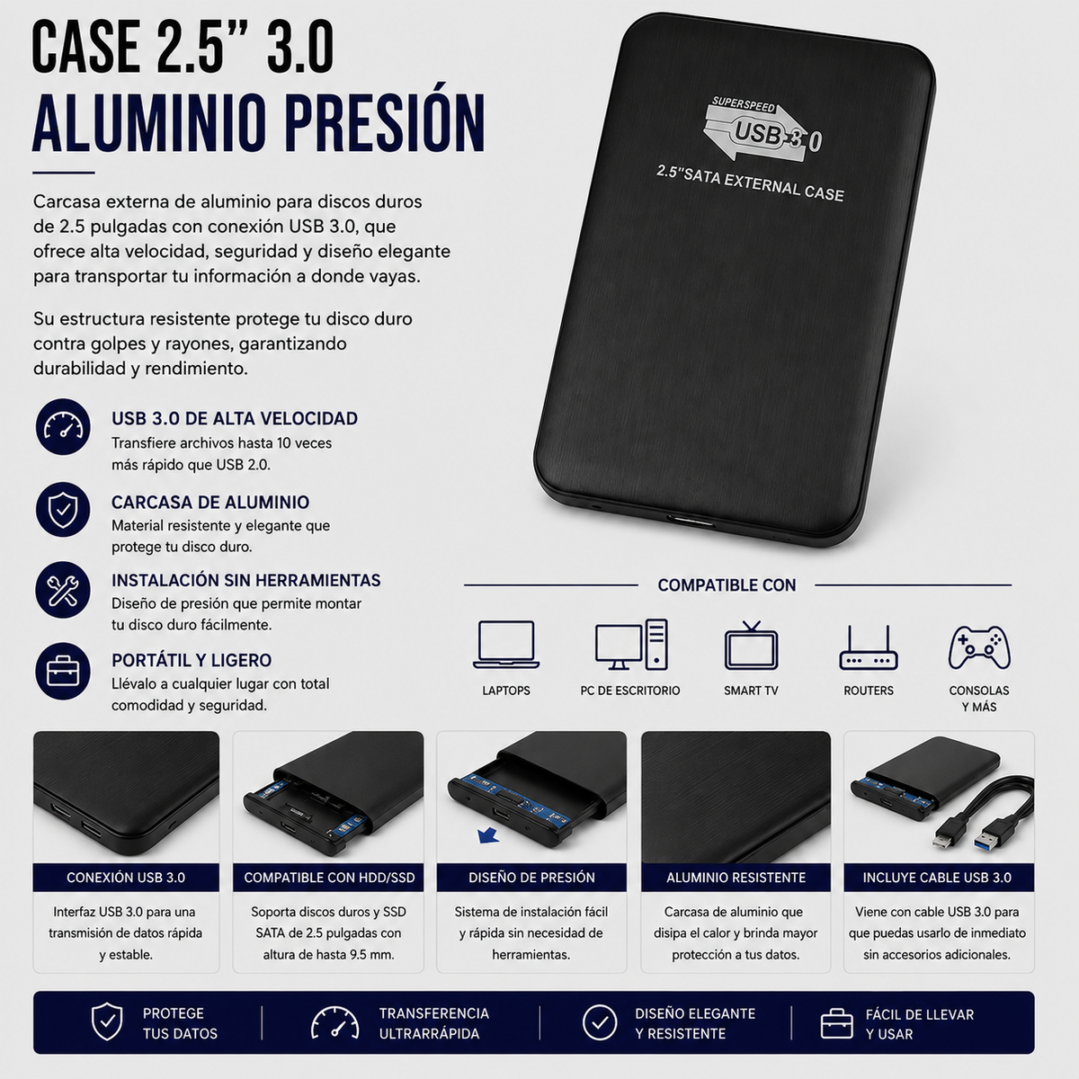 Case para Disco Duro Externo 2.5" USB 3.0 de Aluminio