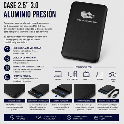 Case para Disco Duro Externo 2.5" USB 3.0 de Aluminio