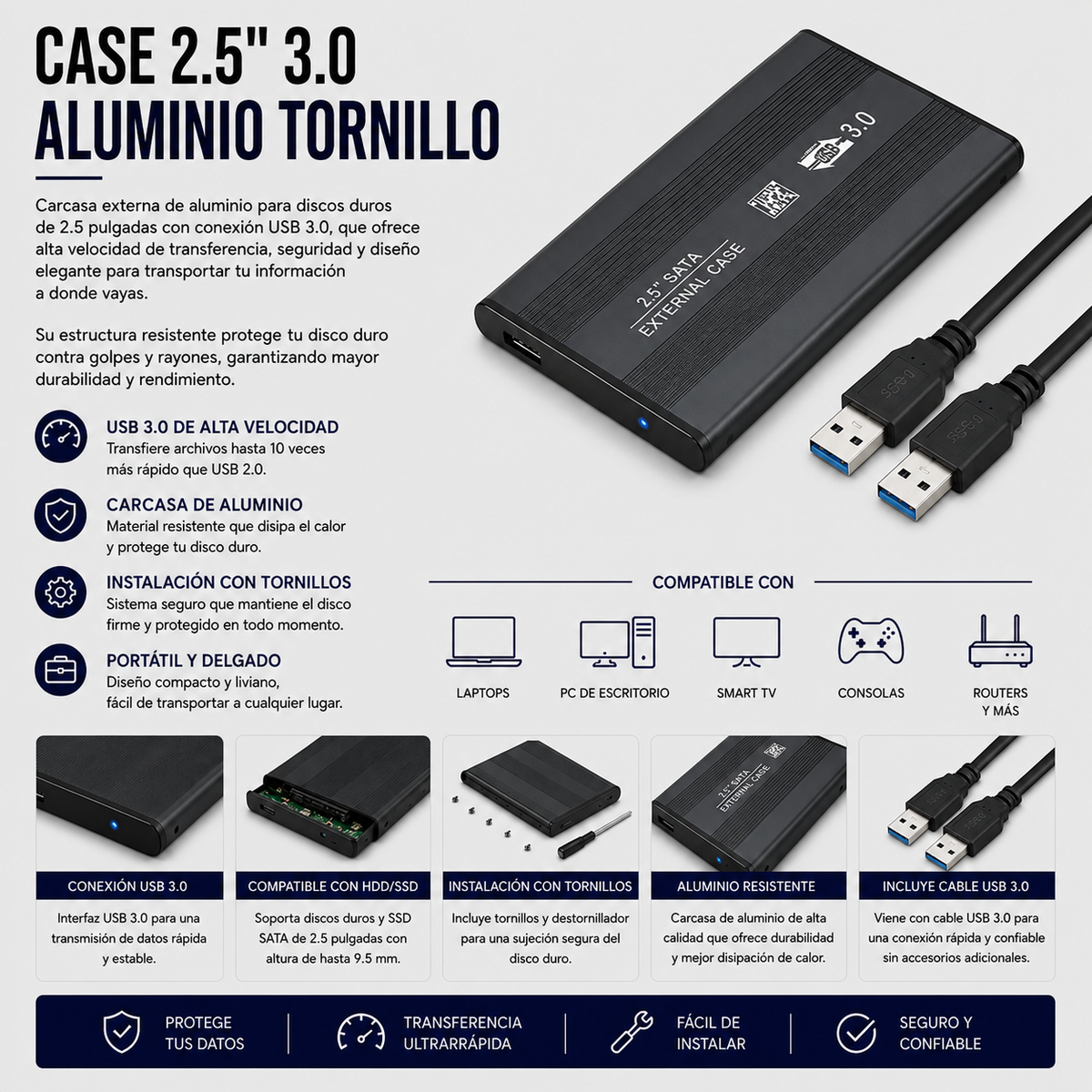 Case para Disco Duro Externo 2.5" USB 3.0 de Aluminio con Tornillos