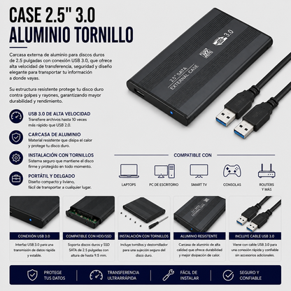 Case para Disco Duro Externo 2.5" USB 3.0 de Aluminio con Tornillos