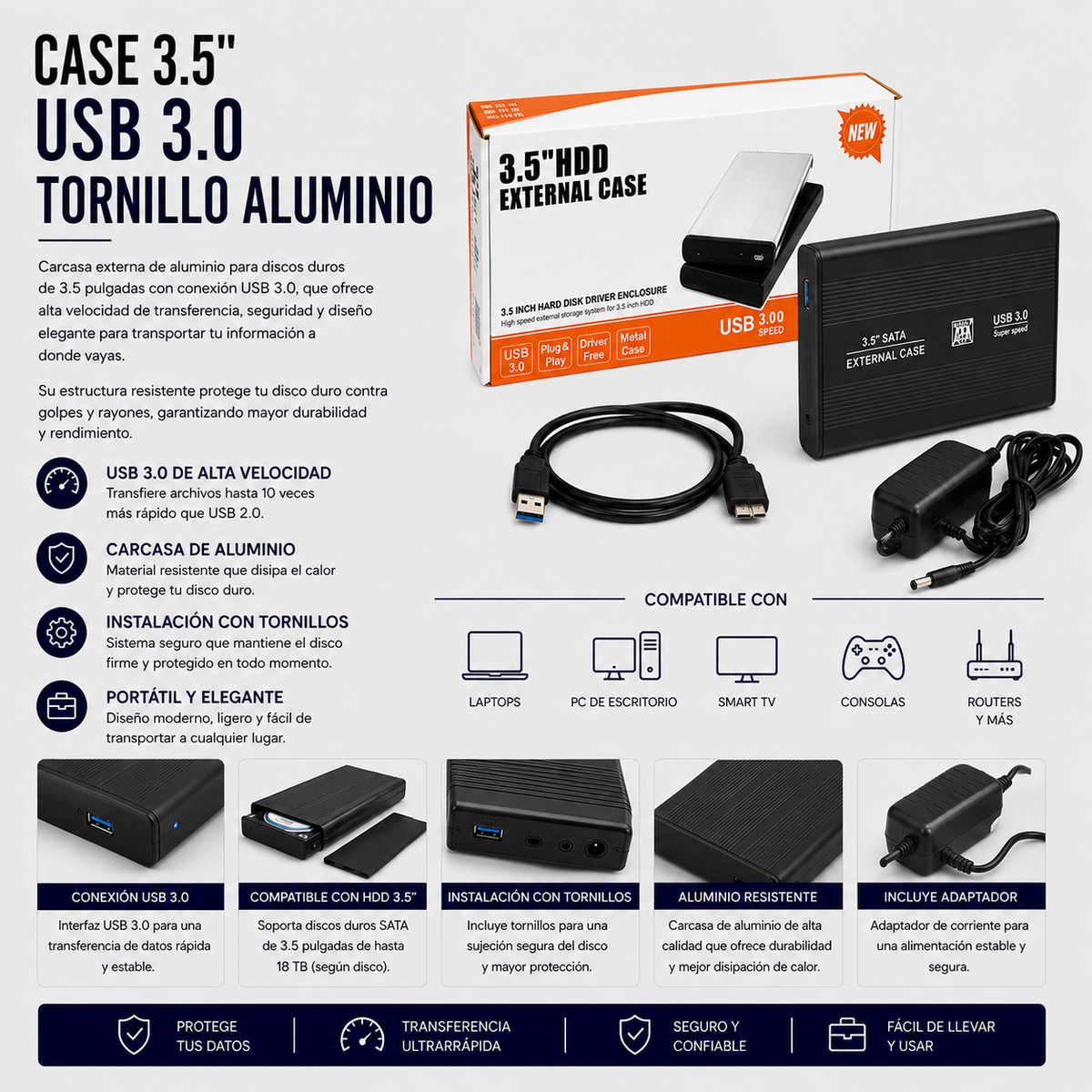 Case para Disco Duro Externo 3.5" USB 3.0 de Aluminio con Tornillos