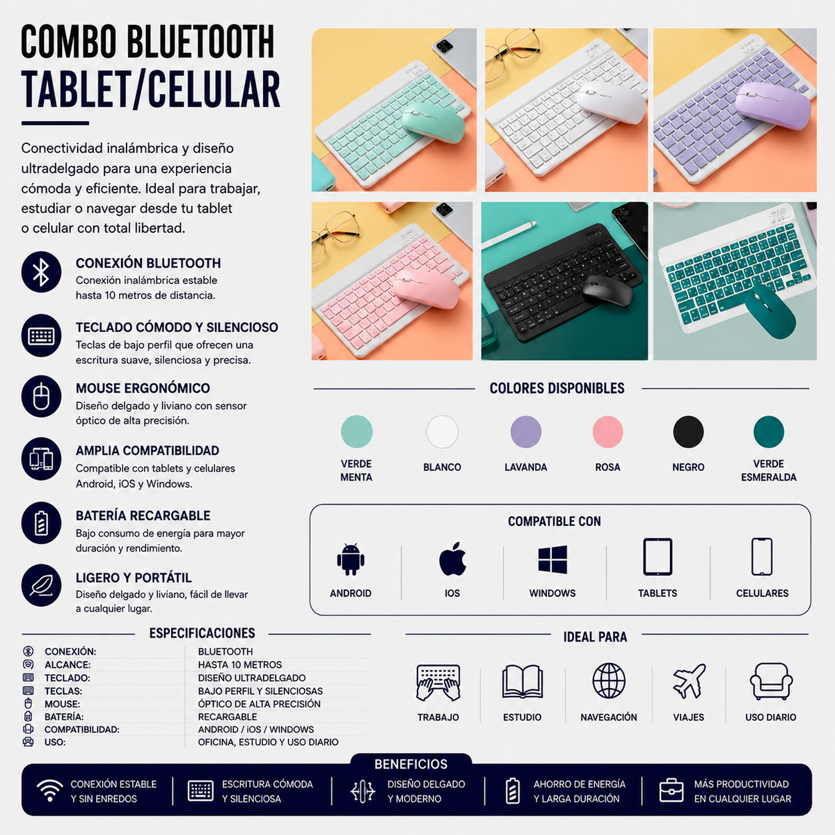 Combo Teclado + Mouse Bluetooth para Tablet y Celular
