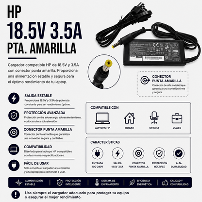 Cargador para Laptop HP 18.5V 3.5A – Punta Amarilla