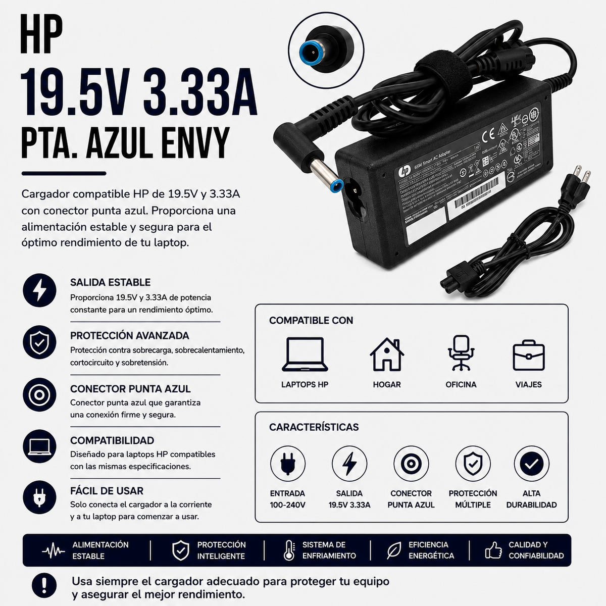 Cargador para Laptop HP 19.5V 3.33A – Punta Azul (HP Envy)