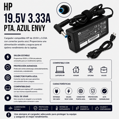 Cargador para Laptop HP 19.5V 3.33A – Punta Azul (HP Envy)