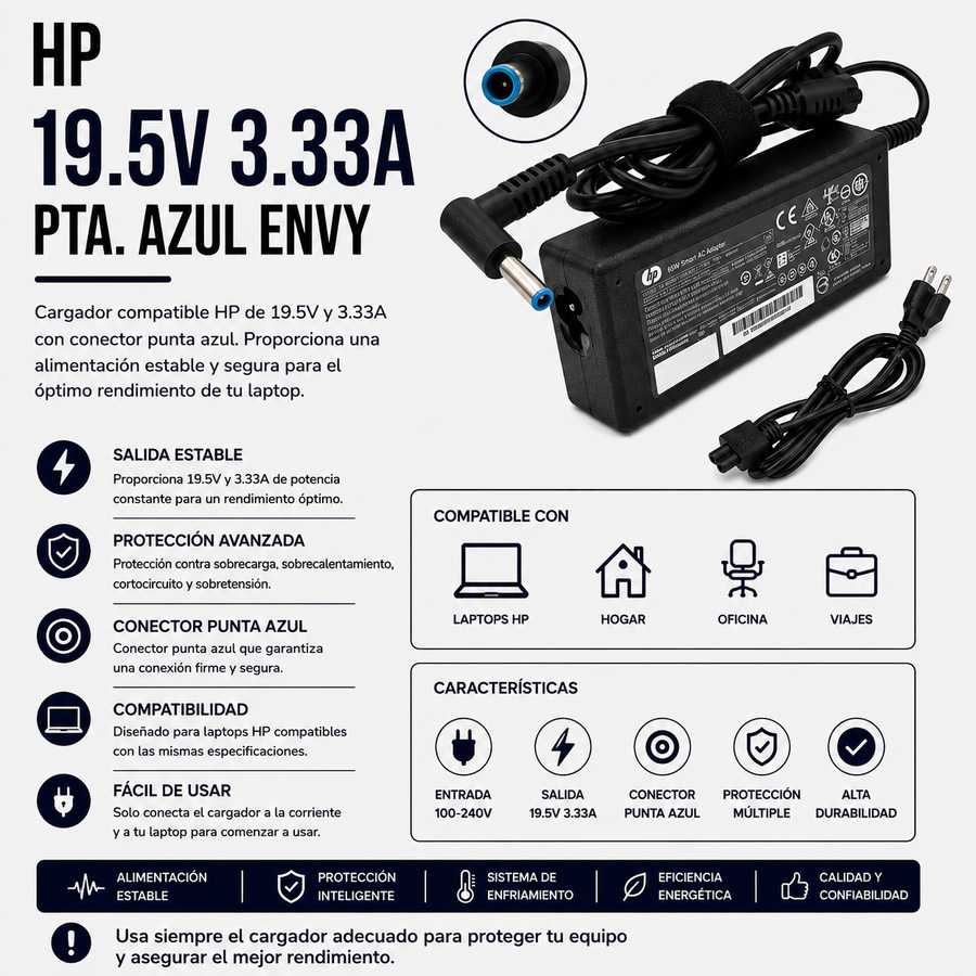 Cargador para Laptop HP 19.5V 3.33A – Punta Azul (HP Envy)