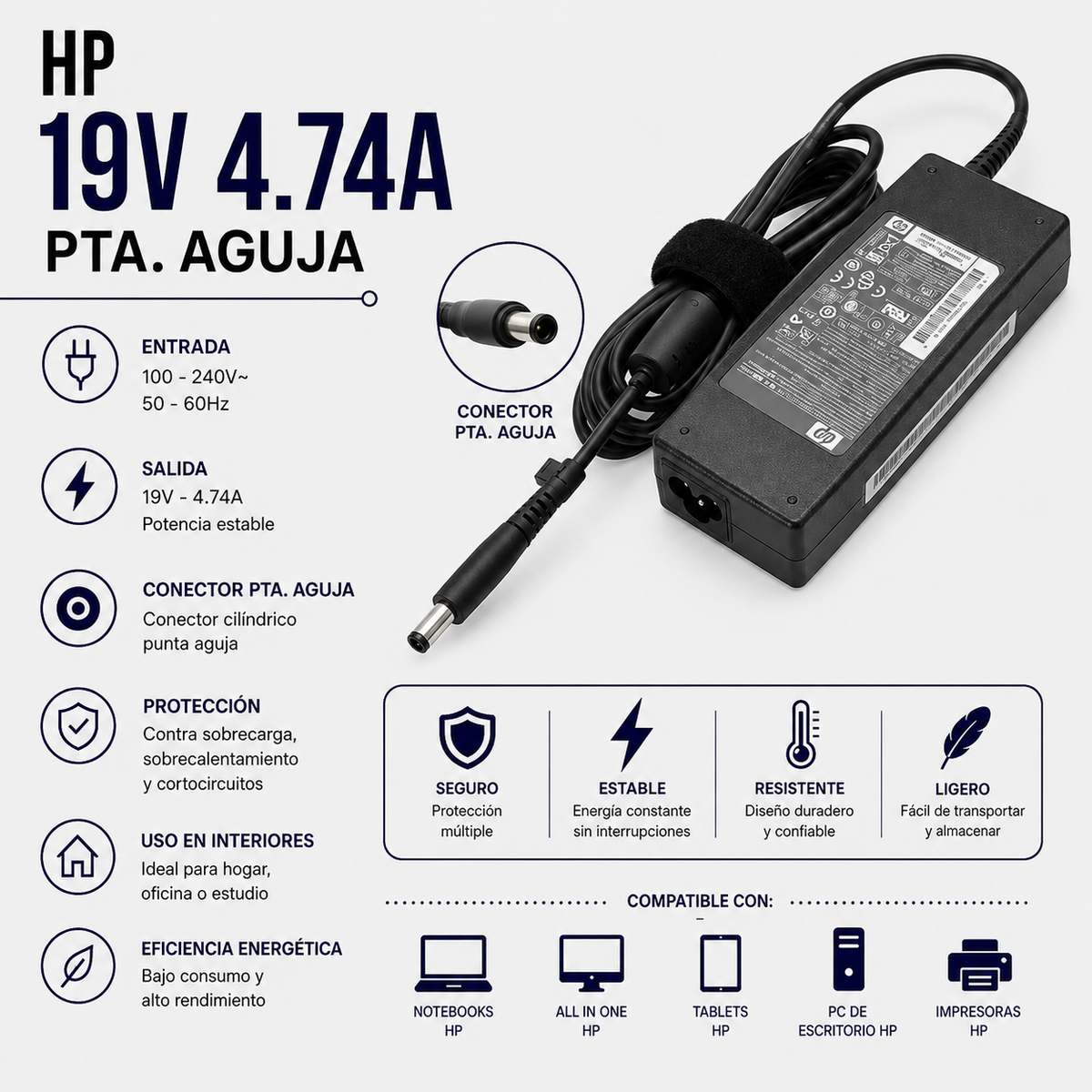 Cargador para Laptop HP 19V 4.74A – Punta Aguja