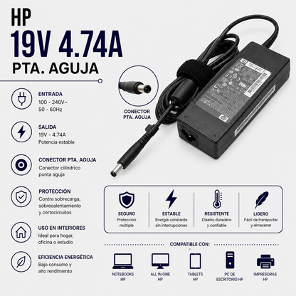 Cargador para Laptop HP 19V 4.74A – Punta Aguja