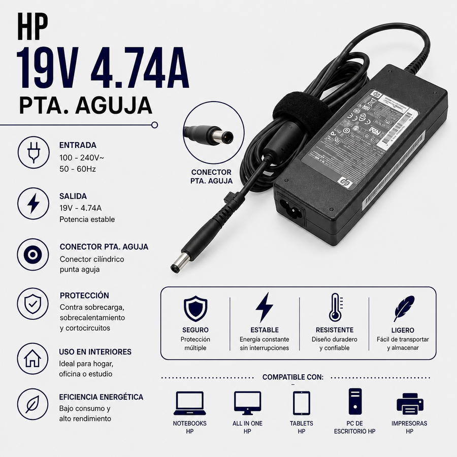 Cargador para Laptop HP 19V 4.74A – Punta Aguja
