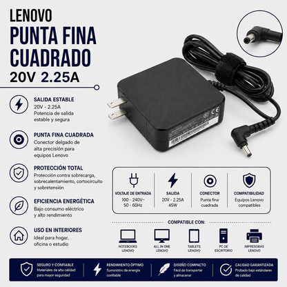Cargador para Laptop Lenovo 20V 2.25A – Punta Fina Cuadrada