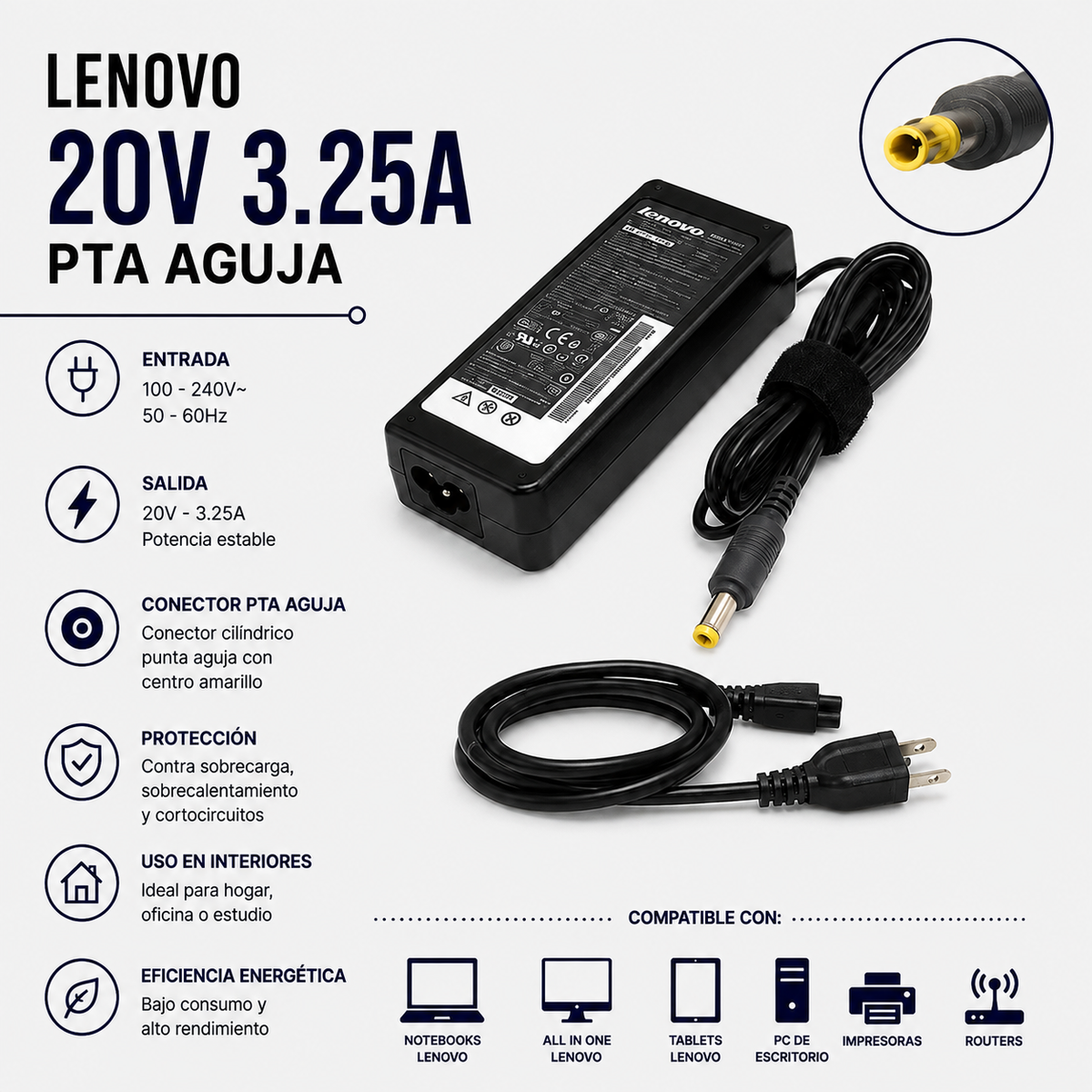 Cargador para Laptop Lenovo 20V 3.25A – Punta Aguja
