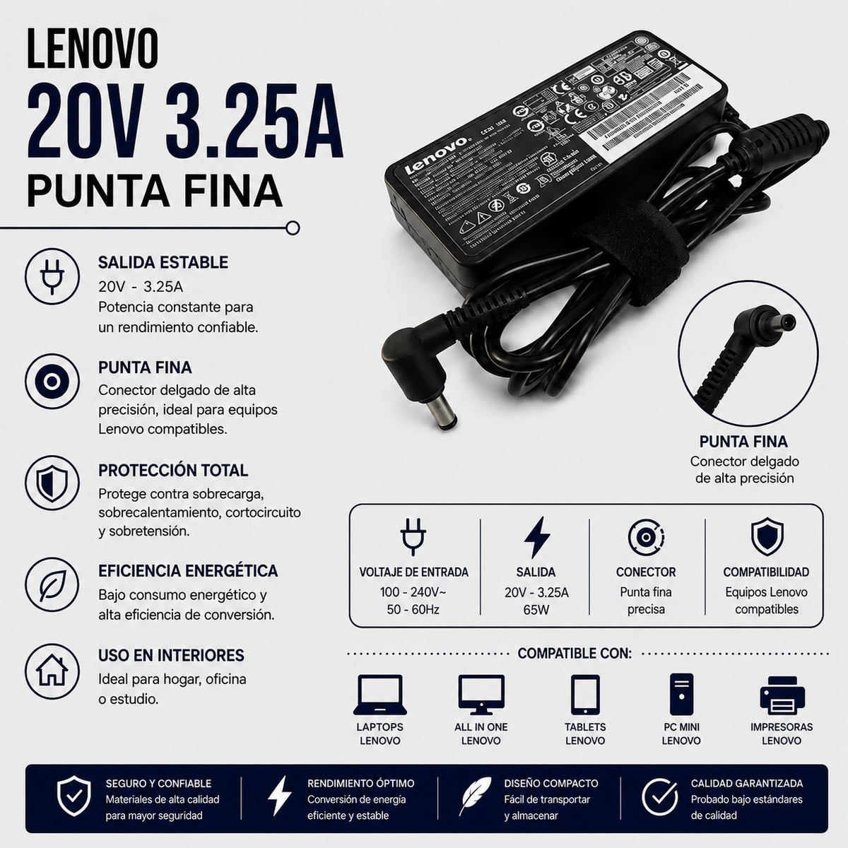 Cargador para Laptop Lenovo 20V 3.25A – Punta Fina
