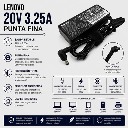 Cargador para Laptop Lenovo 20V 3.25A – Punta Fina
