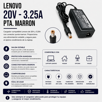 Cargador para Laptop Lenovo 20V 3.25A – Punta Marrón