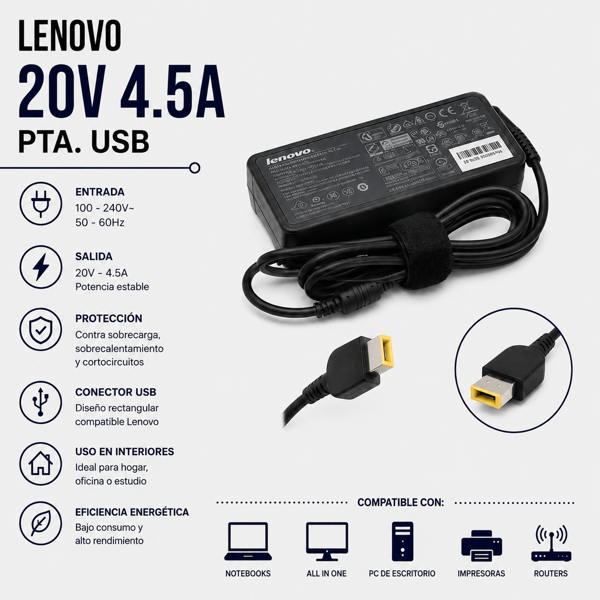 Cargador para Laptop Lenovo 20V 4.5A – Punta USB (Slim Tip)