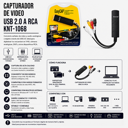 Capturadora de Video USB 2.0 a RCA KNT-1068 (EasyCAP)