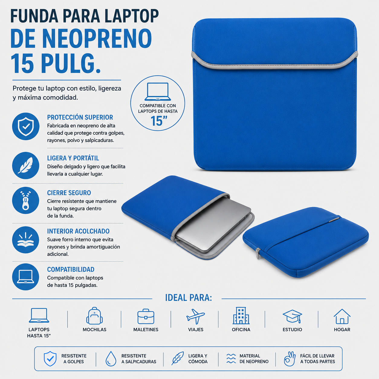 FUNDA PARA LAPTOP DE NEOPRENO 15 PULG. COLOR AZUL
