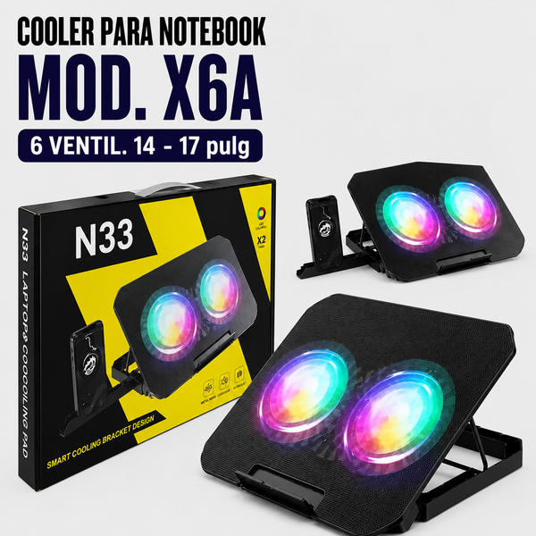 COOLER PARA NOTEBOOK N33 RGB (2 VEN) + SOPORTE P/ CELULAR14-17 PULG