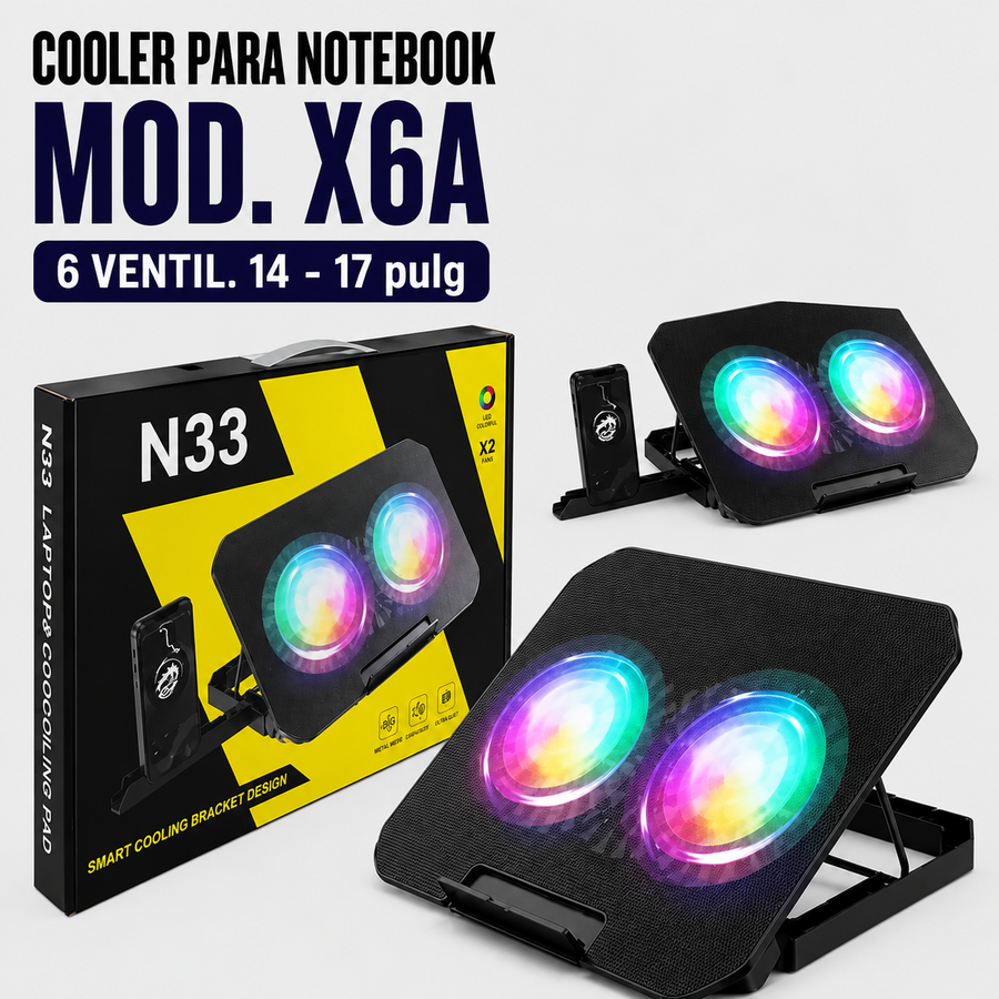 COOLER PARA NOTEBOOK N33 RGB (2 VEN) + SOPORTE P/ CELULAR14-17 PULG