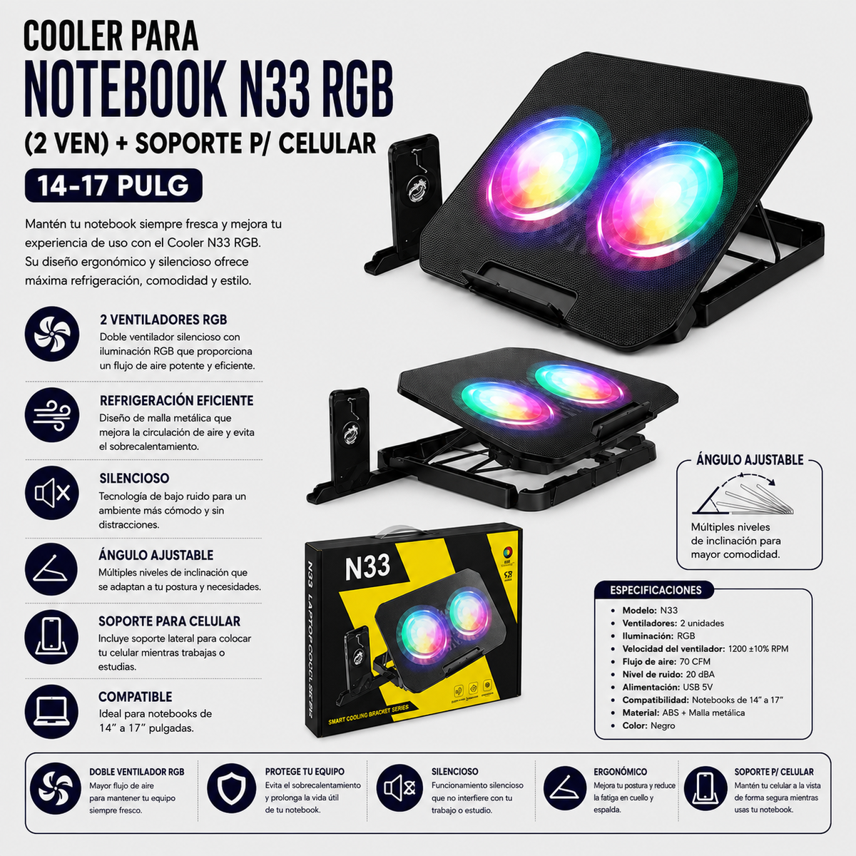 COOLER PARA NOTEBOOK N33 RGB (2 VEN) + SOPORTE P/ CELULAR14-17 PULG