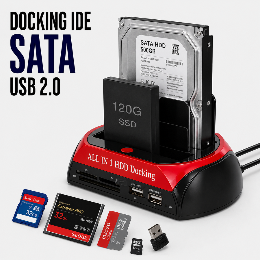 Docking Station SATA USB 2.0 para HDD/SSD – Lector de Tarjetas Todo en Uno