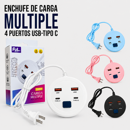 Enchufe de Carga Múltiple – 4 Puertos USB + USB Tipo-C