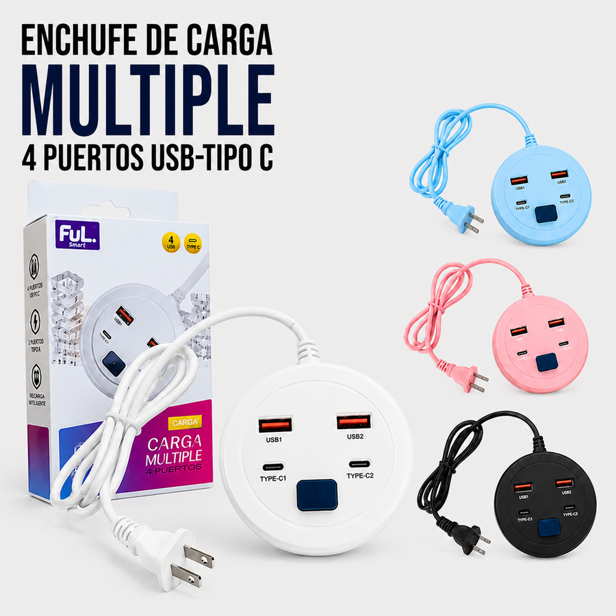 Enchufe de Carga Múltiple – 4 Puertos USB + USB Tipo-C