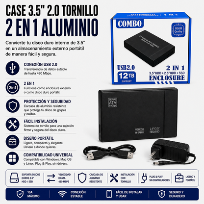 ENCLOSURE P/DISCO SATA COMBO 2 EN 1 3.5/2.5 USB 2.0 PRESION PC/LAPTOP