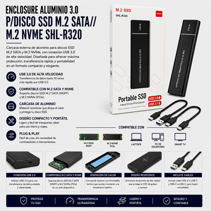 Enclosure USB 3.0 de Aluminio para SSD M.2 SATA / NVMe SHL-R320