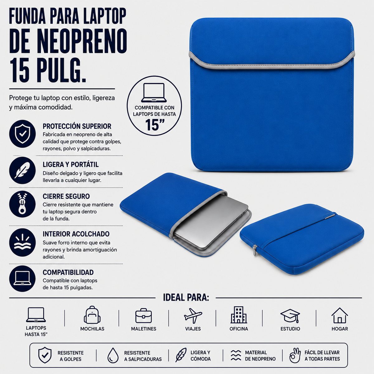 FUNDA PARA LAPTOP DE NEOPRENO 15 PULG. COLOR AZUL
