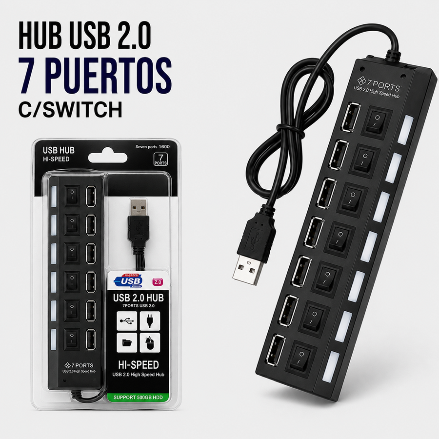 Hub USB 2.0 de 7 Puertos con Interruptores Individuales