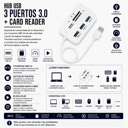 Hub USB 3.0 de 3 Puertos con Lector de Tarjetas SD y MicroSD