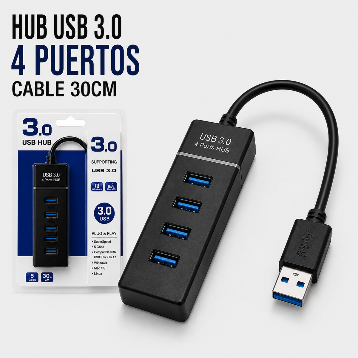 Hub USB 3.0 de 4 Puertos – Cable de 30 cm