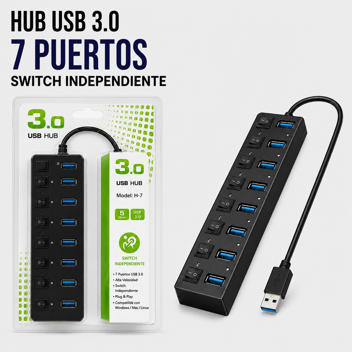Hub USB 3.0 de 7 Puertos con Interruptores Independientes
