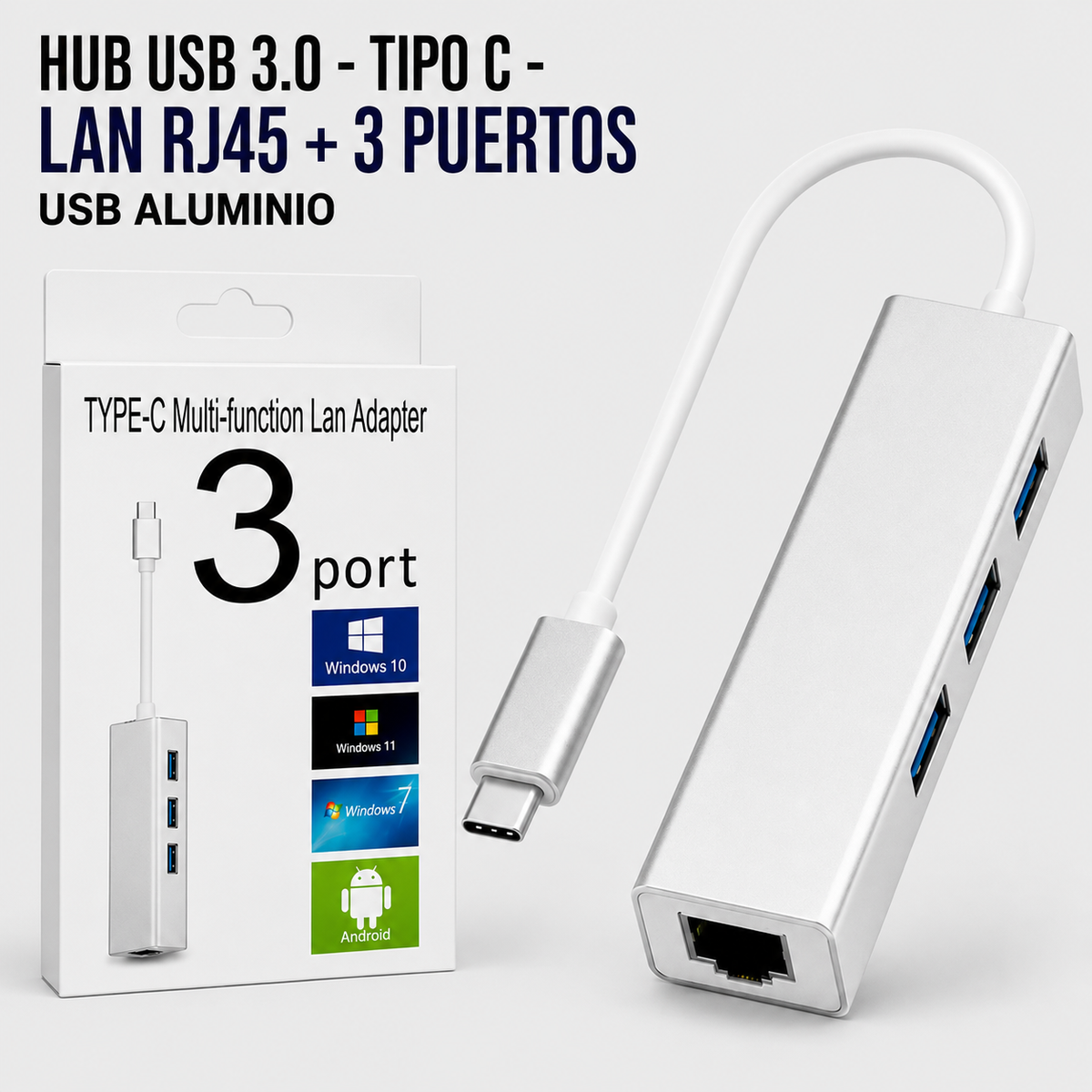 Hub USB 3.0 Tipo-C con Puerto LAN RJ45 y 3 Puertos USB – Carcasa de Aluminio