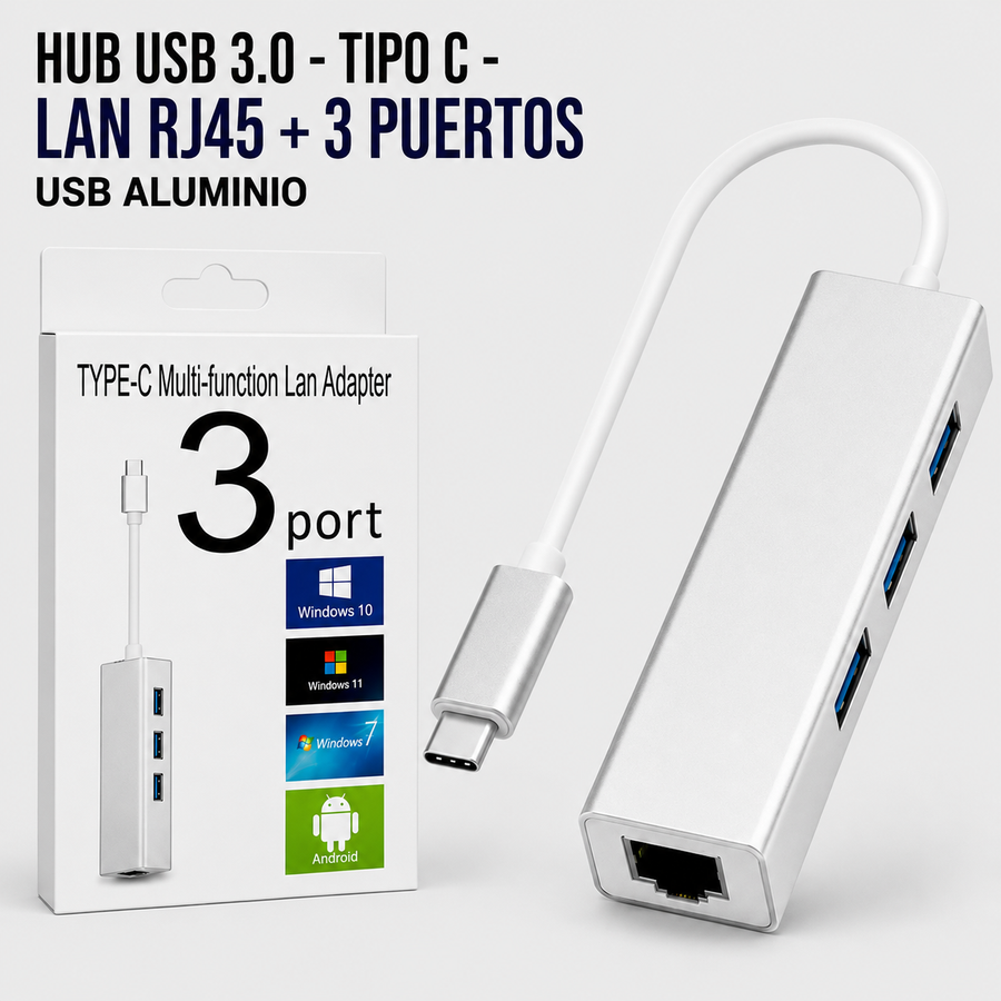 Hub USB 3.0 Tipo-C con Puerto LAN RJ45 y 3 Puertos USB – Carcasa de Aluminio