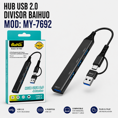 Hub USB Baihuo MY-7692 – 4 Puertos USB 3.0 con USB-A y USB Tipo-C