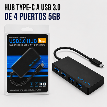 Hub USB Tipo-C a USB 3.0 de 4 Puertos – 5 Gbps