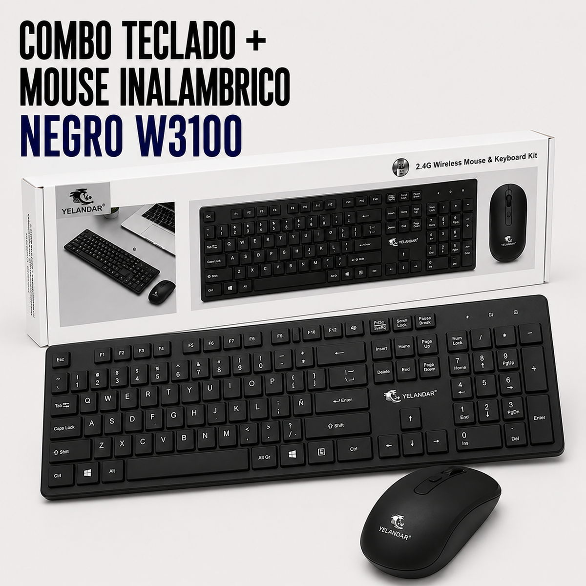 Combo Teclado + Mouse Inalámbrico Yelandar W3100 – Negro