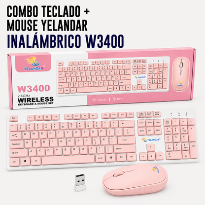 Combo Teclado + Mouse Inalámbrico Yelandar W3400 – Rosado