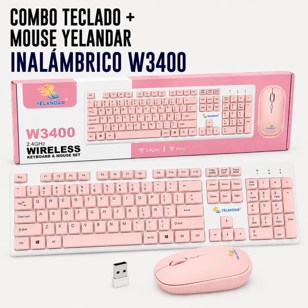 Combo Teclado + Mouse Inalámbrico Yelandar W3400 – Rosado