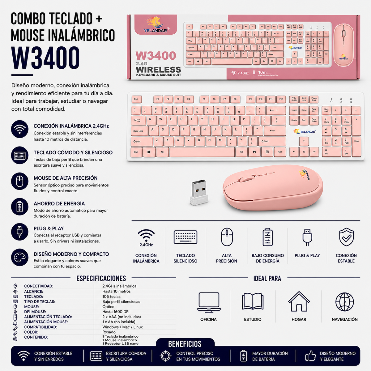 Combo Teclado + Mouse Inalámbrico Yelandar W3400 – Rosado