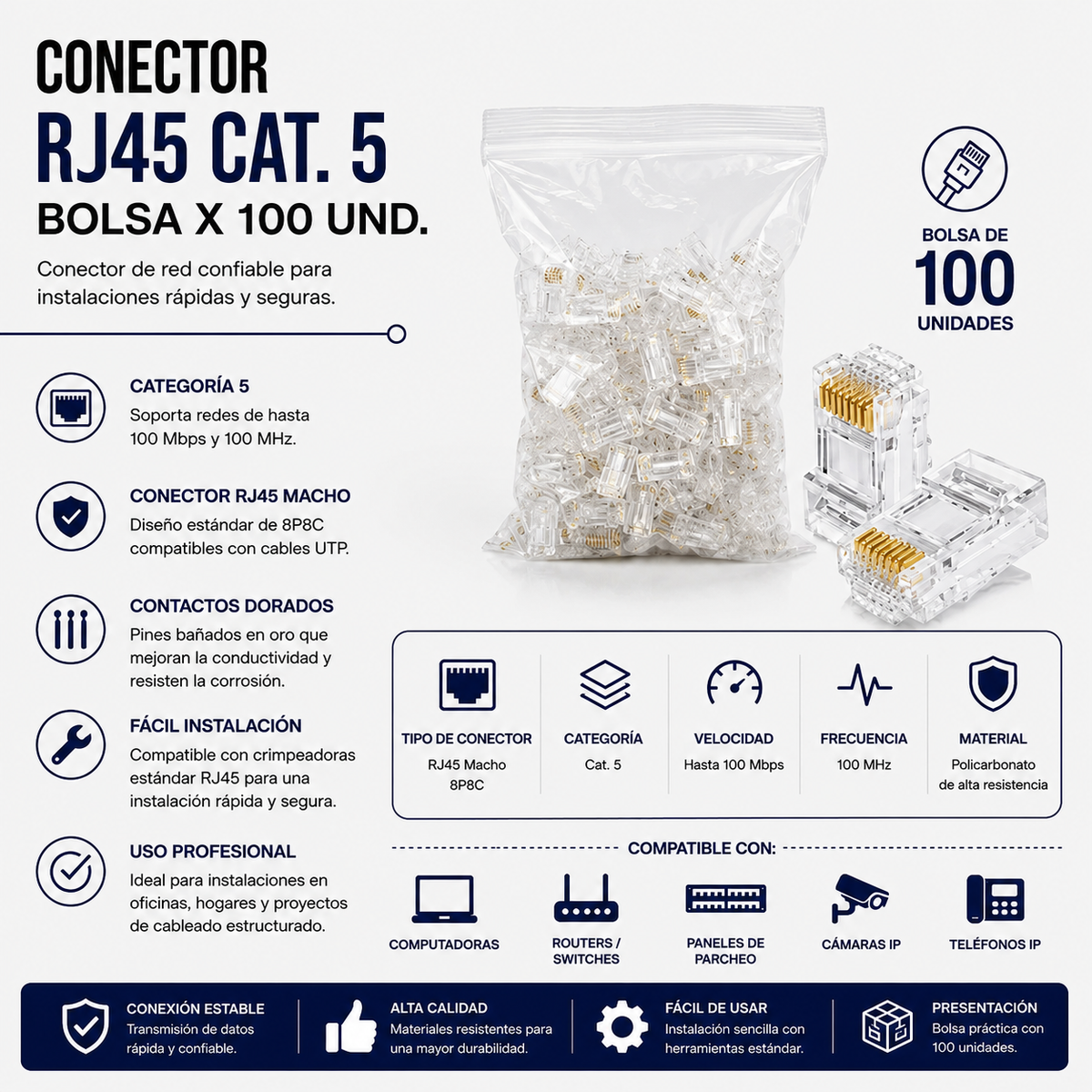 Conector RJ45 CAT5 – Bolsa x 100 Unidades