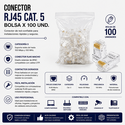 Conector RJ45 CAT5 – Bolsa x 100 Unidades