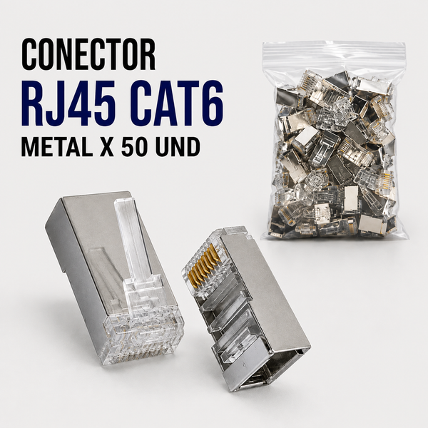 Conector RJ45 CAT6 Metálico – Bolsa x 50 Unidades