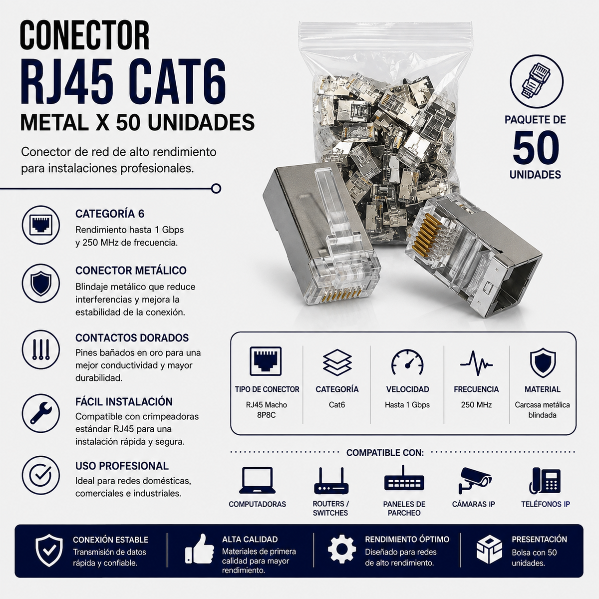Conector RJ45 CAT6 Metálico – Bolsa x 50 Unidades
