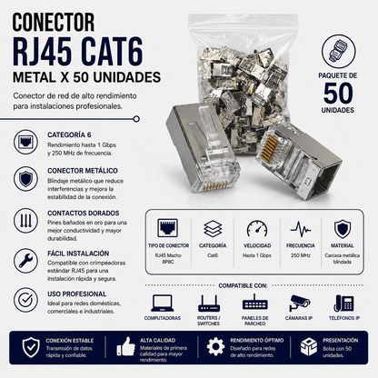 Conector RJ45 CAT6 Metálico – Bolsa x 50 Unidades