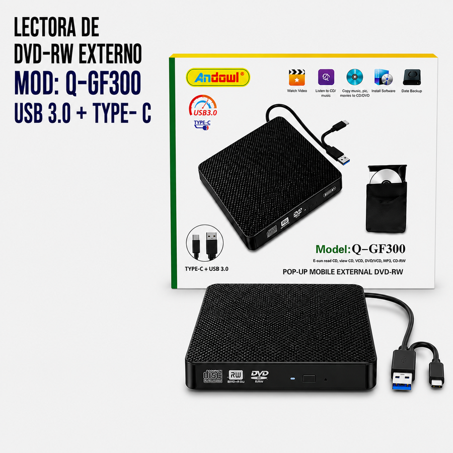 LECTORA DE DVD-RW EXTERNO MOD: Q-GF300 USB 3.0 + TYPE- C