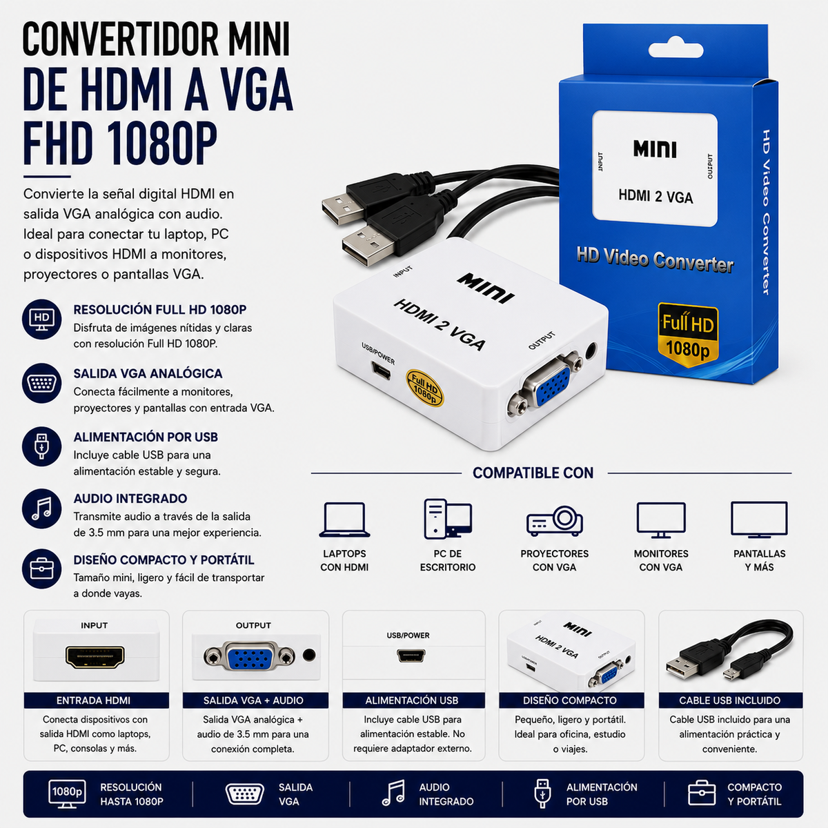Convertidor Mini HDMI a VGA Full HD 1080P