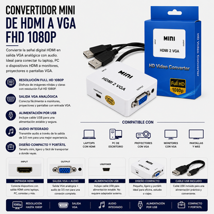 Convertidor Mini HDMI a VGA Full HD 1080P